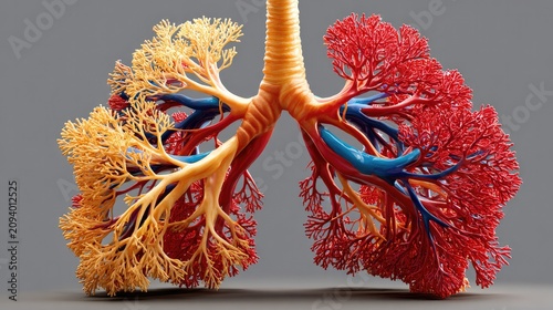 Human Respiratory System Illustration: A colorful, artistic depiction of the human respiratory system, showcasing the intricate branching of bronchi and alveoli, representing respiration and health.
