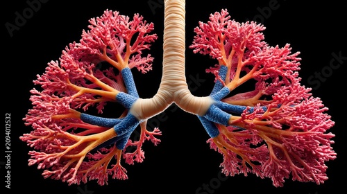 Human Lungs Anatomy: A detailed, artistic representation of the human respiratory system, showcasing the intricate branching of bronchi and alveoli in vibrant red and blue against a dark background.
