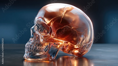 Crystal Skull Illusion: A translucent, crystal skull with warm amber light glowing from within, casting intriguing shadows on a dark, reflective surface. A symbol of mystery and the unknown.