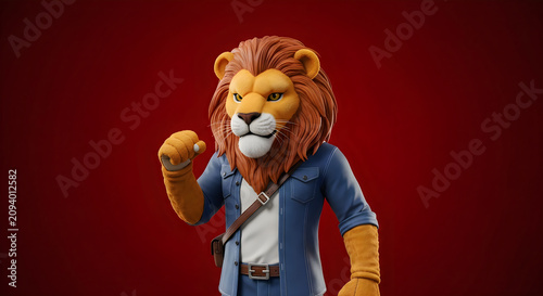 Cartoony lion mascot waving in red background