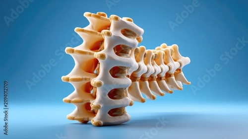 Anatomical Model of Lumbar Spine: A detailed anatomical model showcasing the intricate structure of a lumbar spine, highlighting the vertebrae and intervertebral discs against a clean.