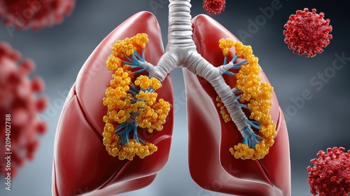 Respiratory System Under Attack: A graphic illustration depicts human lungs under siege from a viral infection, showcasing the respiratory system's vulnerability and the damaging effects of pathogens.