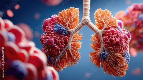 Cellular Respiration: A detailed, artistic rendering of human lungs showcases the intricate network of bronchi and alveoli.