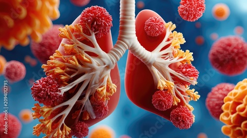 Cellular Invasion: A vivid, stylized depiction of cancerous cells aggressively attacking and infiltrating a human lung, highlighting the devastating impact of disease on the respiratory system.