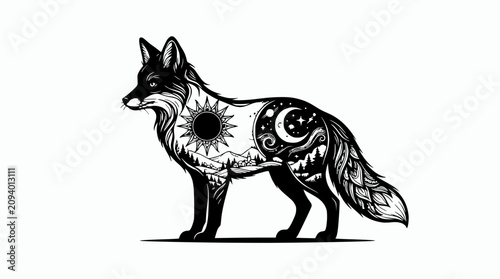 Bild auf Leinwand Mystical Fox Silhouette with Celestial and Nature Landscape Inside
