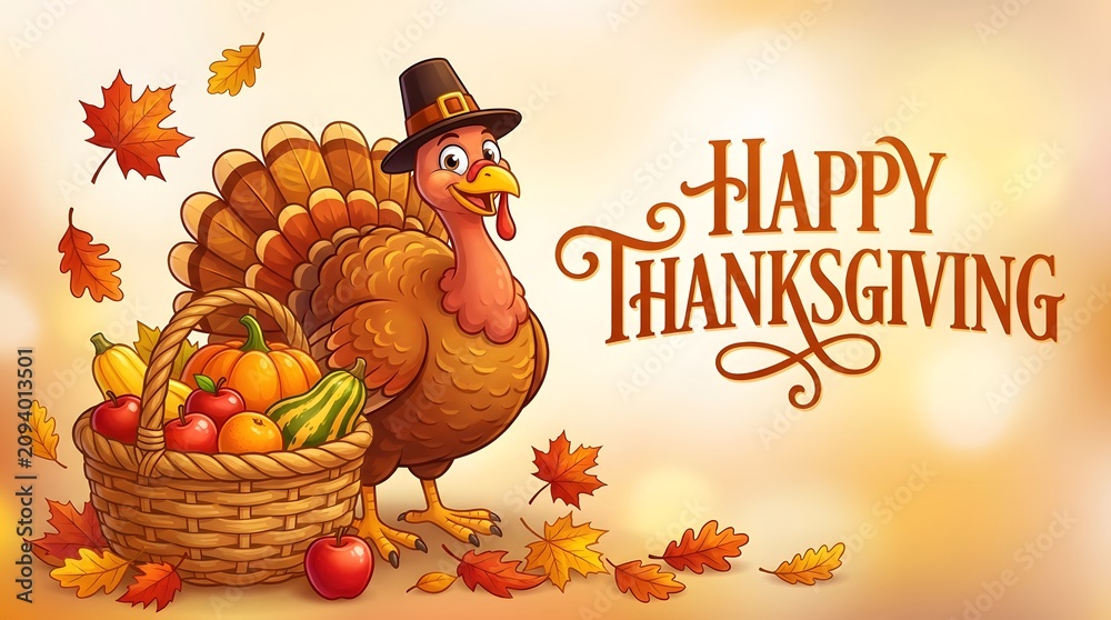 Naklejka premium Cartoon turkey with pilgrim hat and fruit basket on Thanksgiving