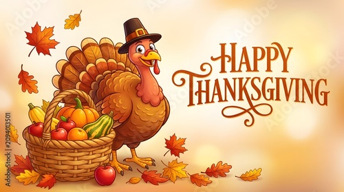 Cartoon turkey with pilgrim hat and fruit basket on Thanksgiving