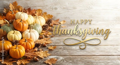 Golden Text Happy Thanksgiving with Pumpkins and Leaves on Wooden Table