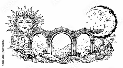 Fotografía Whimsical Sun and Moon bridge connecting celestial and earthly realms, fantasy i