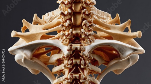 Human Cervical Spine Anatomy: A detailed close-up showcases the intricate structure of the human cervical spine, highlighting the vertebrae, discs, and ligaments in a neutral.