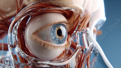 Anatomy of the Human Eye: A detailed, close-up illustration showcasing the intricate anatomical structure of the human eye, revealing its muscles, optic nerve.