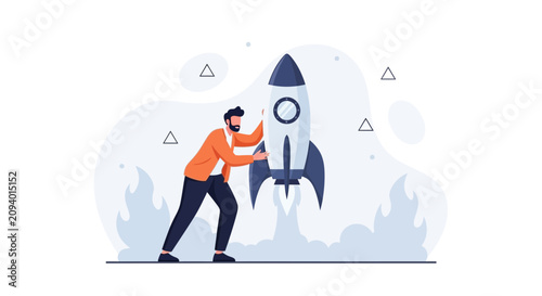 Businessman pushing a rocket to launch, symbolizing startup, innovation, and new beginnings