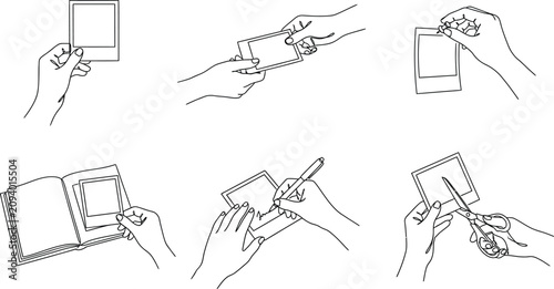 Foto Vector line art illustrations of hands holding and manipulating instant photo fr