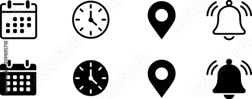 Foto icon calendar clock location bell glyph outline filled vector set