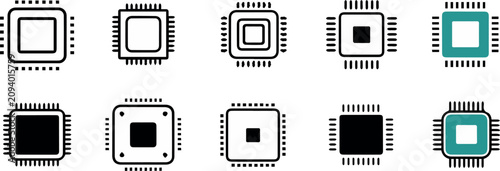 microchip icons set stylized processor and integrated circuit illustrations