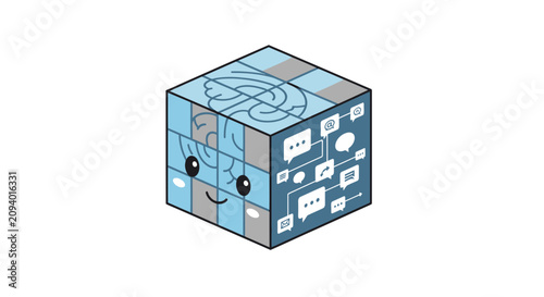Cute robotic block with chat icons and smiling face