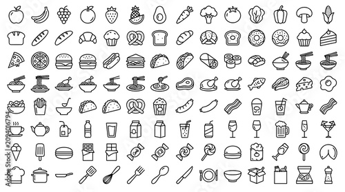 Cuadro en lienzo Set of 80 food and drink outline icons with editable stroke vector collection is