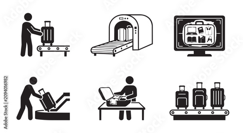 Airport security and luggage handling process icons featuring baggage scanning and conveyor belts