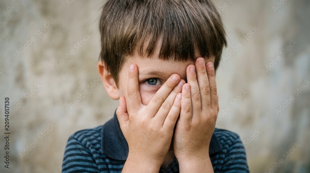 Fototapeta premium A curious little boy with bright blue eyes covers his face with his hands while peeking through fingers against an old textured wall, expressing emotions of shyness, fear, or playfulness outdoors now.