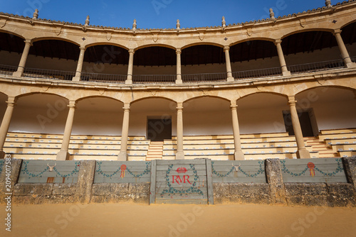 Cuadro en lienzo Decorative boards placed around security ring in Ronda bullfight arena in front of seating areas