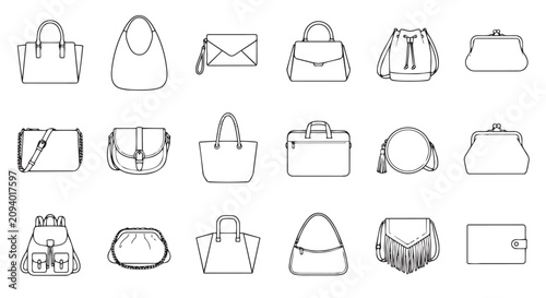 Doodle collection of different woman handbags and fashion accessories with accessory, collection