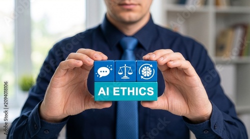 AI ethics and responsible artificial intelligence governance concept. Man holding blocks with icons sees the words AI ETHICS. Fair, safe, legal use of technology. New concept