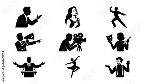 Bild auf Leinwand Performing arts icons set theater dance film and public speaking