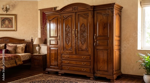 Closeup of new polished wooden furniture wardrobe Almirah 