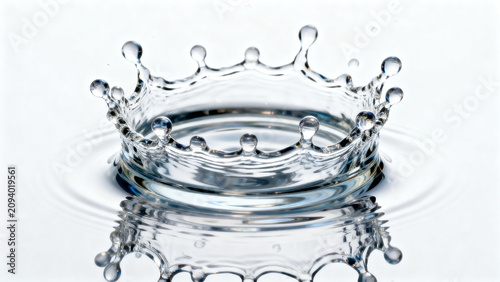 Captivating high-speed photograph capturing a crystalline water splash momentarily frozen in the elegant form of a liquid crown, reflecting pure, pristine clarity on a calm surface
