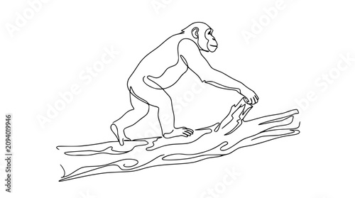 Photography Chimpanzee climbing on a tree branch, continuous line drawing, simple and elegan