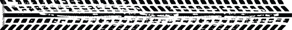 Naklejka premium Grunge tire tracks, wheel braking marks. Truck, car or motorcycle tread pattern silhouettes. Auto race, motorsport, speed racing design element. Vector illustration