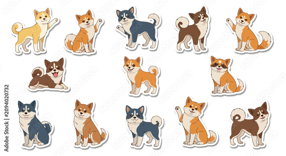 Obraz premium Adorable Japanese Shiba Inu Puppy Vector Sticker Collection