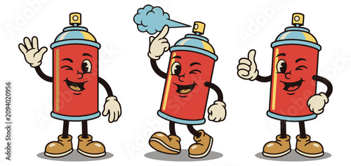 Retro Vintage Spray Can Paint Cartoon Character Set