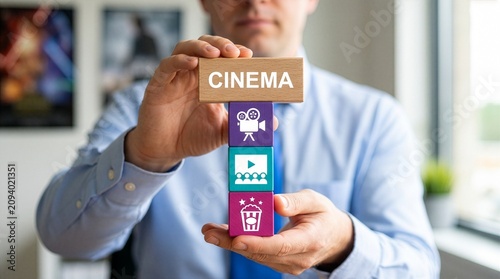 Business person holding colored blocks sees the word CINEMA. Cinema Business Service Web Technology Concept. Movie theater.New Concept