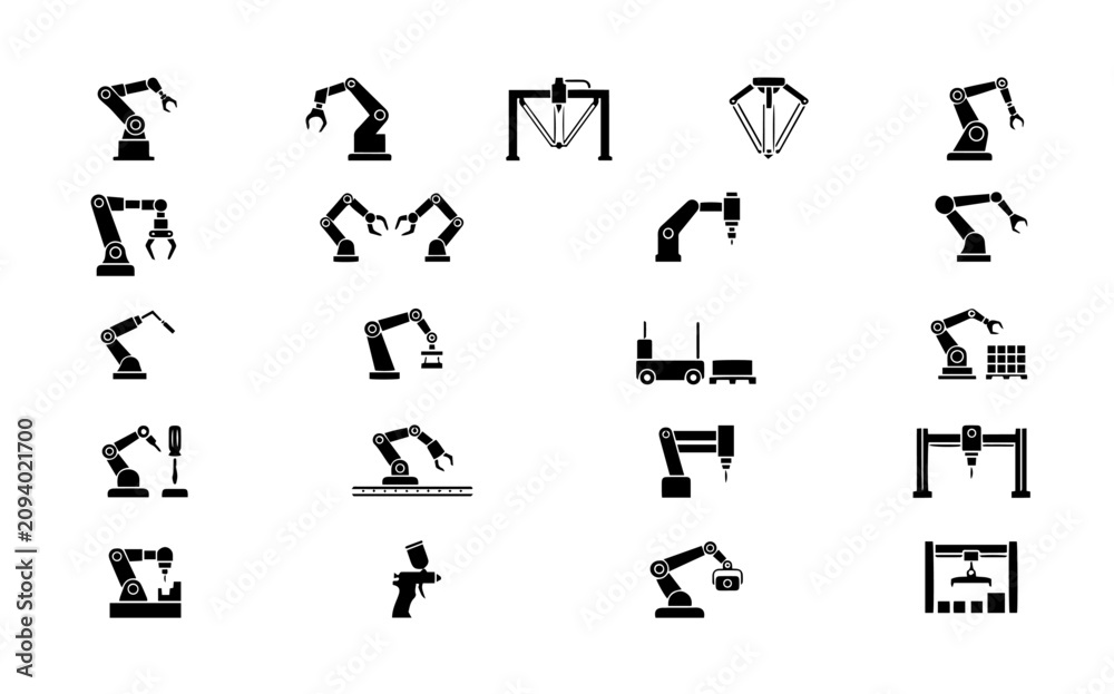Fototapeta premium Industrial robot arm silhouette set manufacturing automation vector