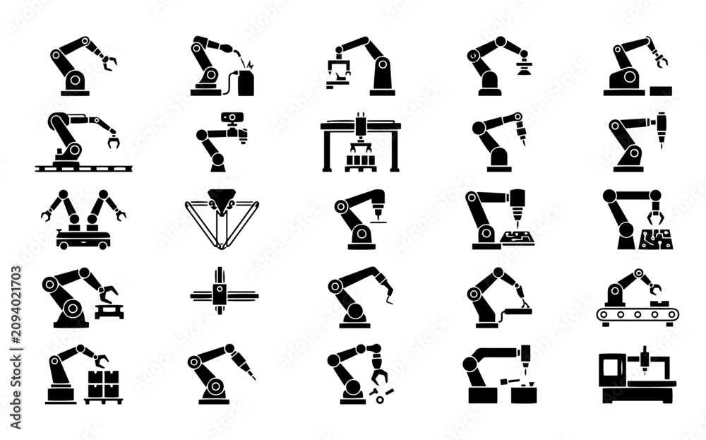 Fototapeta premium Industrial robotic arm vector icon set for factory automation and manufacturing