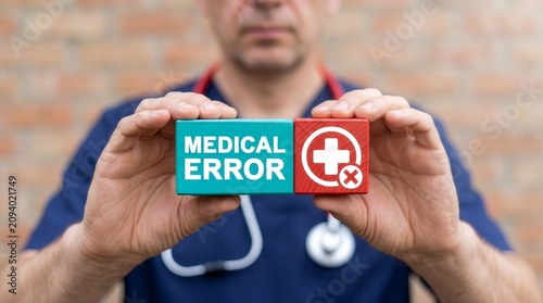 Concept of medical error. Doctor holding blocks with icon sees the text MEDICAL ERROR. Health care errors, malpractice and negligence. New Concept