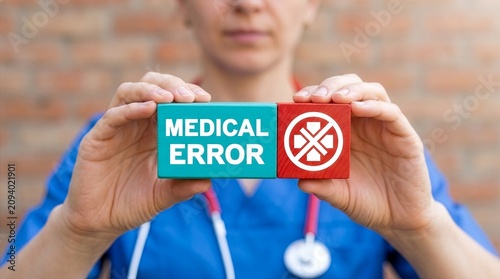 Concept of medical error. Doctor holding blocks with icon sees the text MEDICAL ERROR. Health care errors, malpractice and negligence. New Concept