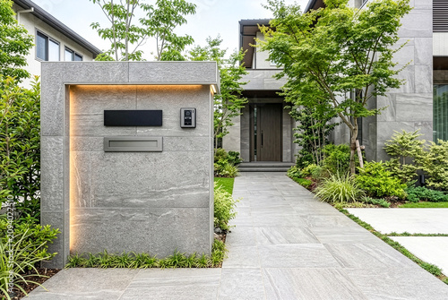 表札とインターホンと郵便ポストを備えた石張り門柱と高級注文住宅の玄関アプローチ