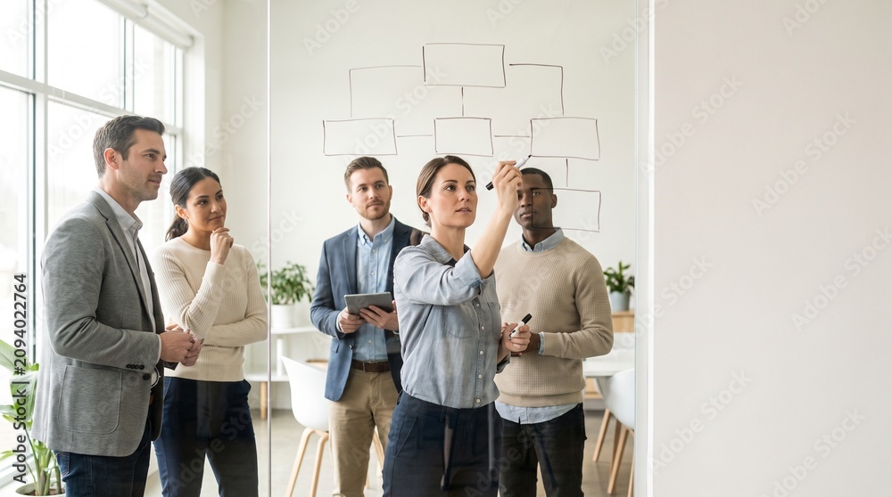 Fototapeta premium Diverse professionals collaborating on a strategic flowchart within a modern office setting.