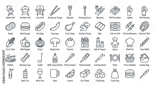 Cuadro en lienzo Editable barbecue and grill line icon collection with BBQ cooking symbols isolat