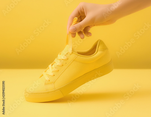 Hand holds yellow sneaker against vibrant yellow from top right corner in product photography viewpoint