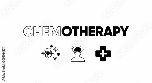 Konstfotografi A minimalist black and white icon concept of chemotherapy, featuring symbols for cancer cells, patient, and medical cross, isolated on white background