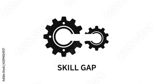 A minimalist black icon representing a skill gap, featuring two disconnected gears that do not interlock, isolated on a clean white background.