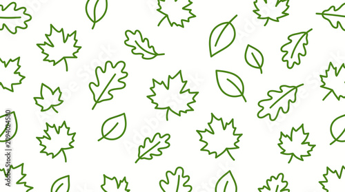 Seamless pattern of green leaf silhouettes on a white background, featuring various deciduous tree leaf shapes in a simple line art style for eco friendly branding, textiles, and nature designs.