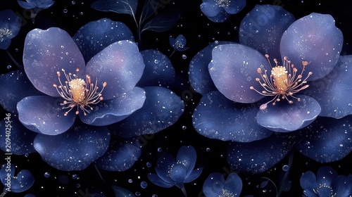 Close-up of dark blue flowers with glowing stamen and starry background