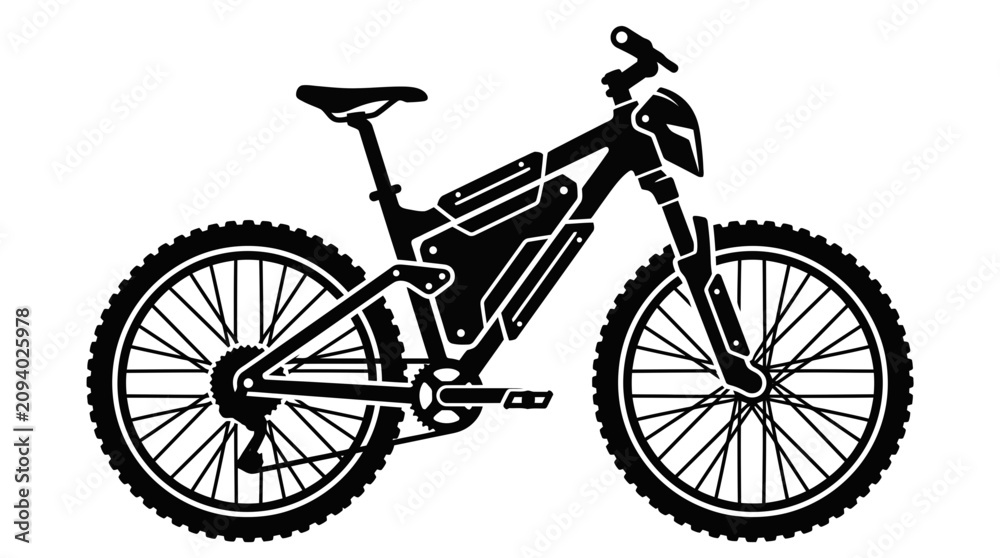 Fototapeta premium Electric Mountain Bike Silhouette - Black and White Vector Illustration
