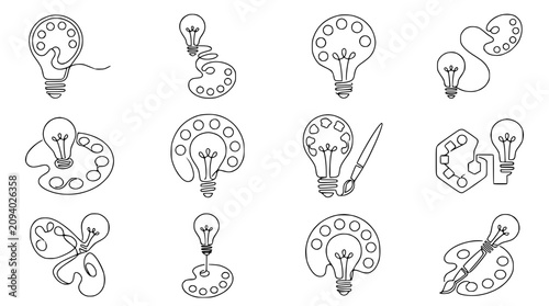 Photos Creative Idea Lightbulb and Art Palette Line Art Icons Set