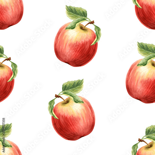Red apples with leaves watercolor seamless pattern. Fruits background hand drawn illustration for healthy eating design. Organic summer food for packaging of jam, skincare, home textile, tablecloth.