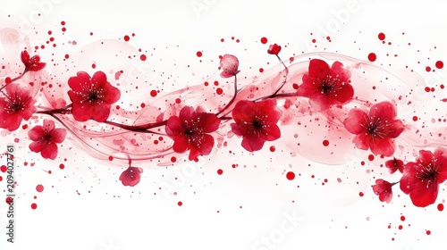 Elegant Red Flower Branch with Paint Splashes and Curves on White Background